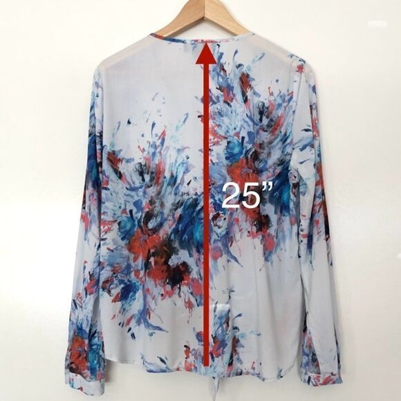 Karen Kane Ruffle Blouse Abstract Long Sleeve Top White Blue Made in USA Small - Picture 9 of 10